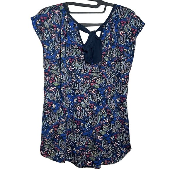 LC Lauren Conrad Blue Floral Cap Sleeve Blouse, Tie At Neck, Lightweight, Medium - Picture 4 of 11